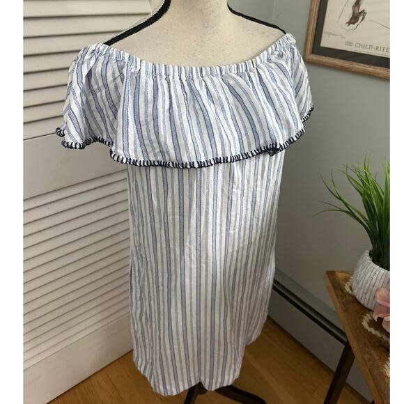 TOMMY BAHAMA Womens Dress Small Blue Ticking Stripe Off Shoulder Beach Summer - Picture 3 of 9